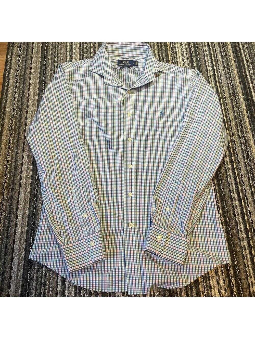 Polo Ralph Lauren Shirt Mens Medium Rainbow Gingham Check Easy Care Slim Fit